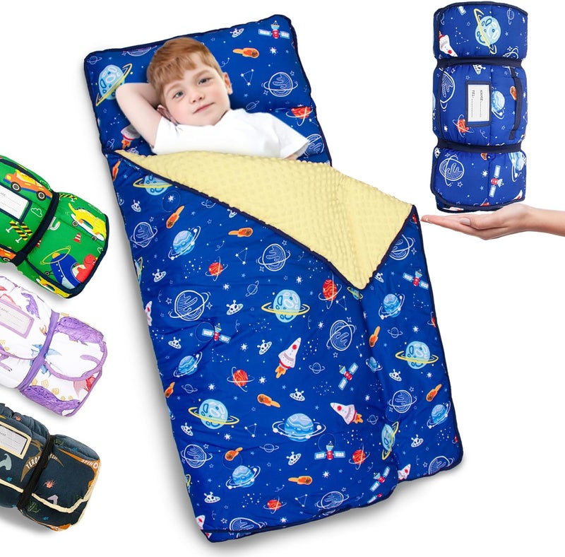 PRIMLECT Thickened Toddler Nap Mat with Removable Pillow and Minky Blanket, Extra Large 55''x35'' Sleeping Bag, Washable, Roll up, Perfect for Daycare, Preschool, Kindergarten, Boys and Girls (Space) - Image 1